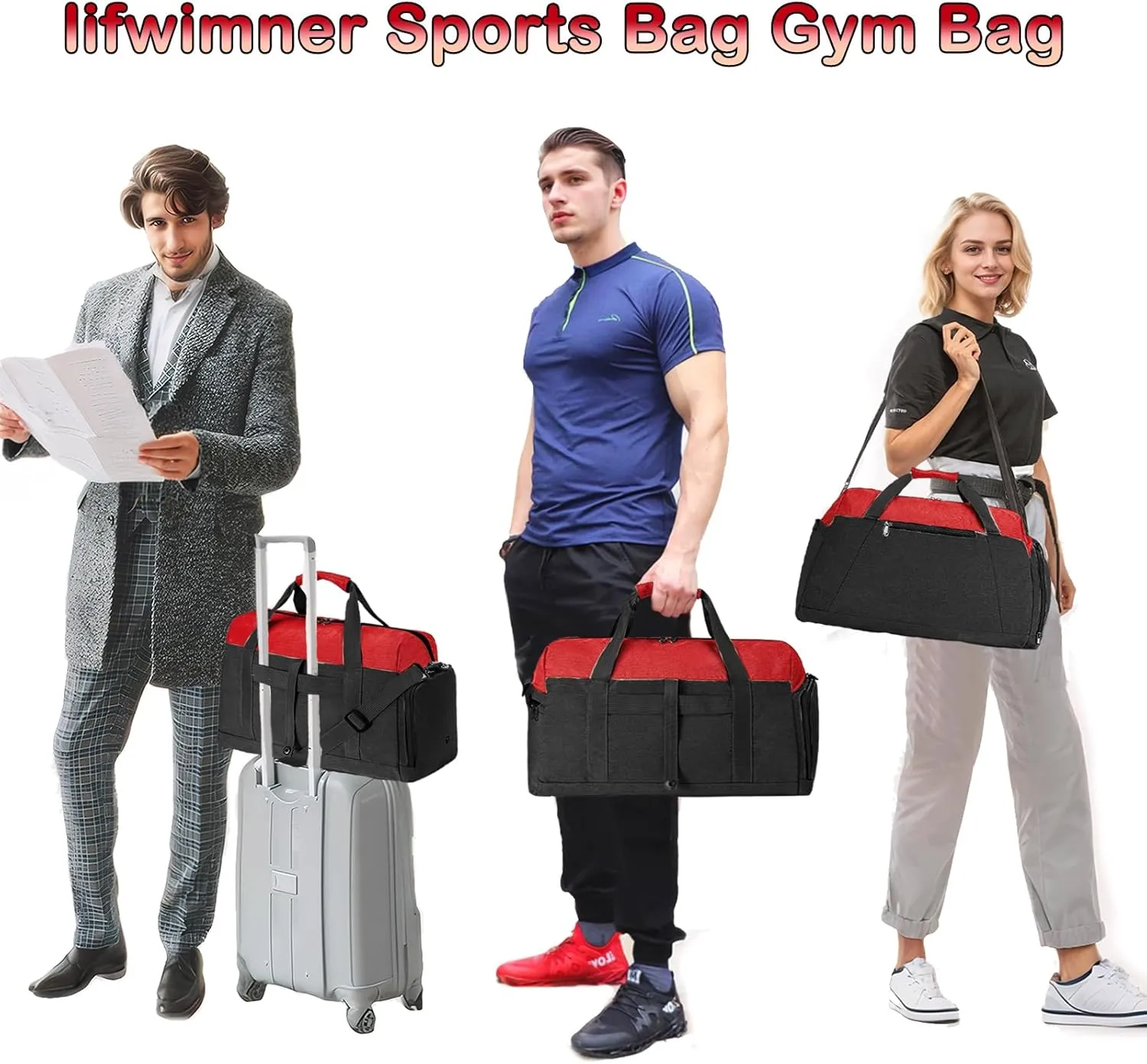Gym Bags for Women Men with Wet & Shoe Compartment, 40L Foldable Travel Duffle Bag, Lightweight Weekender Overnight Duffel Bag for Traveling Sports Gym(Red)