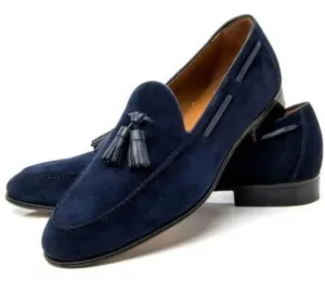 Handmade Blue Suede Moccasin Shoes for Men