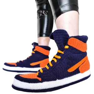 Handmade Crochet Jordan-Style Sneaker Slippers - Navy Blue & Orange, Non-Slip Rubber Sole, Breathable Unisex House Boots, Big Size Available