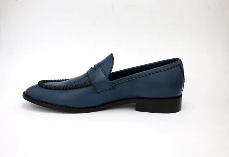 Handmade Navy Blue Leather Moccasin Slip-On Shoes