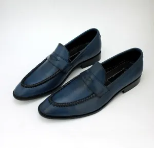 Handmade Navy Blue Leather Moccasin Slip-On Shoes