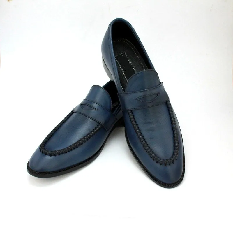 Handmade Navy Blue Leather Moccasin Slip-On Shoes
