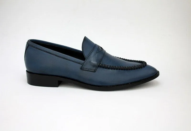 Handmade Navy Blue Leather Moccasin Slip-On Shoes