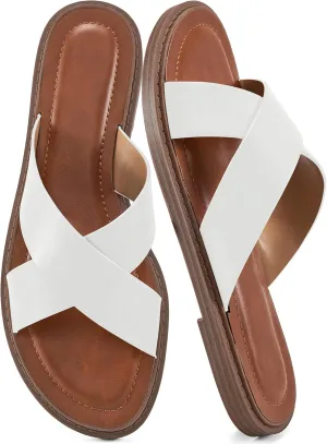 HARENCE Womens Flat Slides Sandals: Dressy Summer Slip On Flats Shoes Comfortable Open Toe Walking Beach Slide Sandal