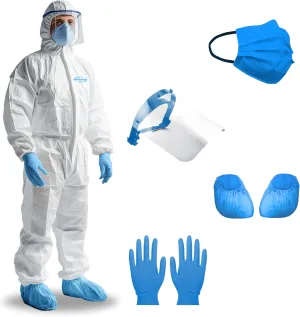 Hazmat Suit Disposable Full Body Hazmat Suit PPE with Protective Face Shield, Face Mask, Nitrile Gloves and Shoe Covers