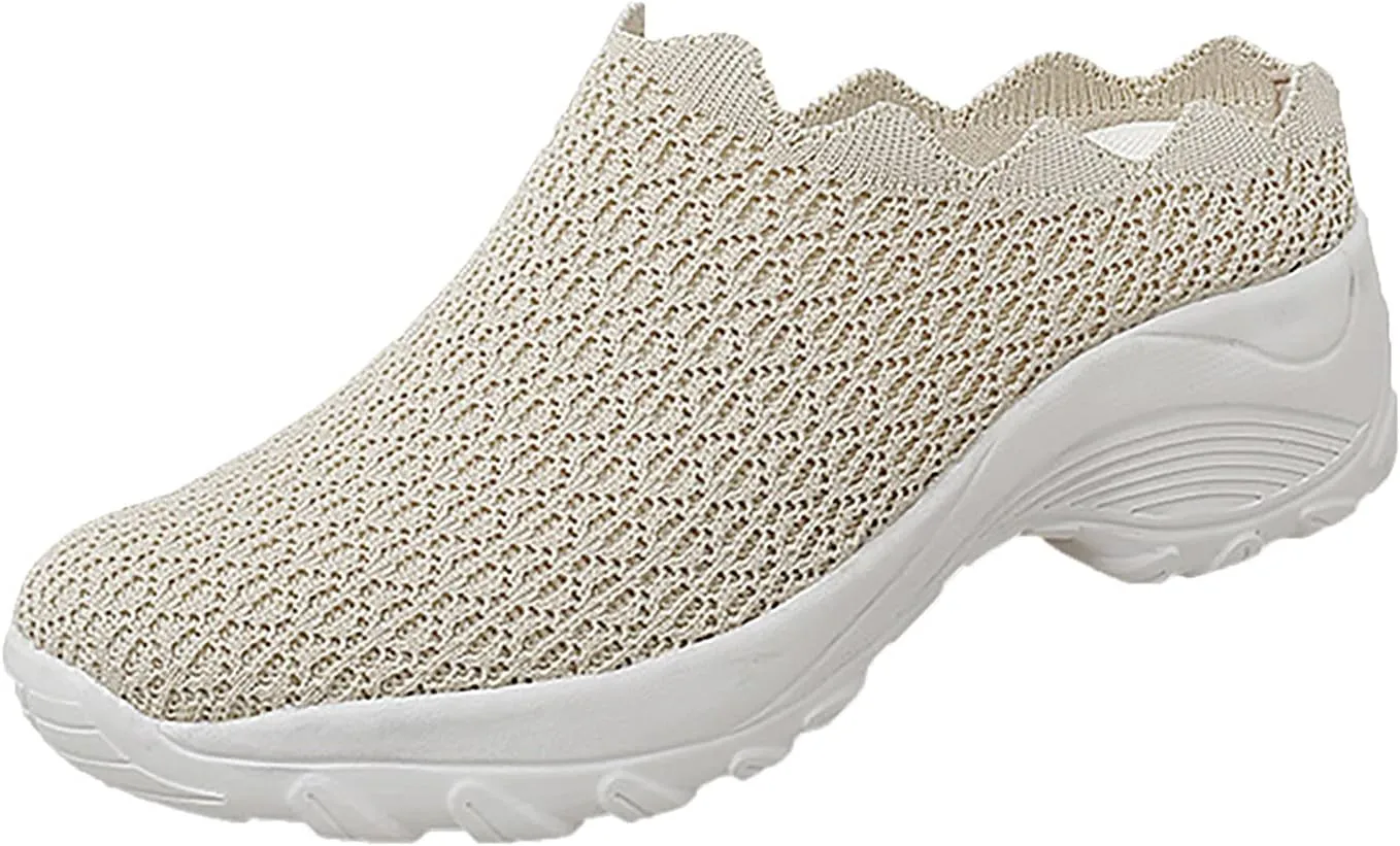 Hbeylia Women's Slip On Sneakers Walking Shoes Breathable Mesh Mule Slippers Hiking Work Nurse Shoes Lightweight Fashion Wedge Platform Chunky High Heels Sport Shoes For Women