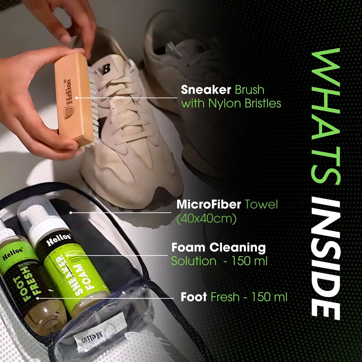 HELIOS ADVANCED SPORT & SNEAKER CLEANER KIT WITH MICRO FIBER CLOTH & FOOT FRESH.