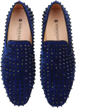 HI&HANN Men Velvet Shoes with Royal Blue Spike Slip-on Dress Loafer Smoking Slipper Male's Flats