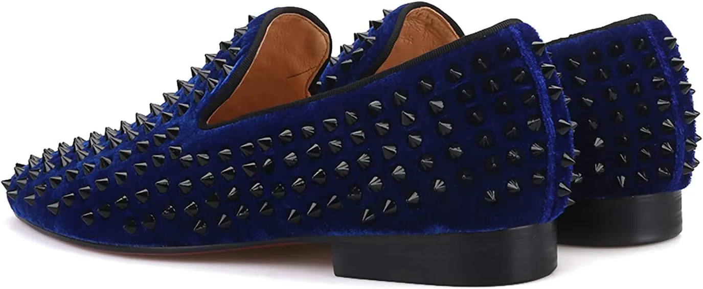 HI&HANN Men Velvet Shoes with Royal Blue Spike Slip-on Dress Loafer Smoking Slipper Male's Flats