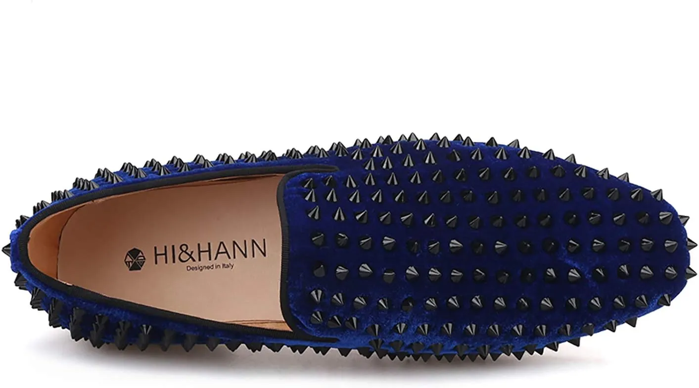 HI&HANN Men Velvet Shoes with Royal Blue Spike Slip-on Dress Loafer Smoking Slipper Male's Flats