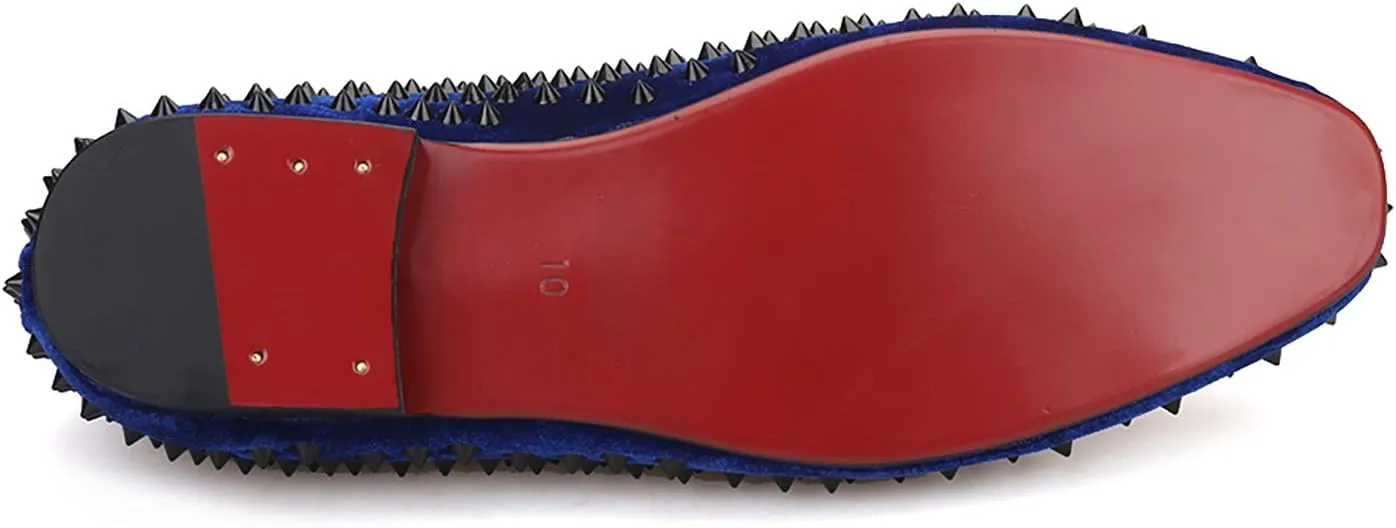 HI&HANN Men Velvet Shoes with Royal Blue Spike Slip-on Dress Loafer Smoking Slipper Male's Flats