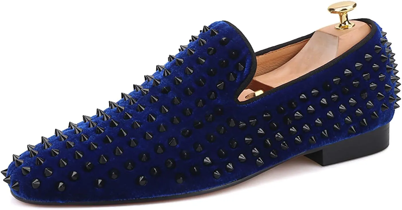 HI&HANN Men Velvet Shoes with Royal Blue Spike Slip-on Dress Loafer Smoking Slipper Male's Flats