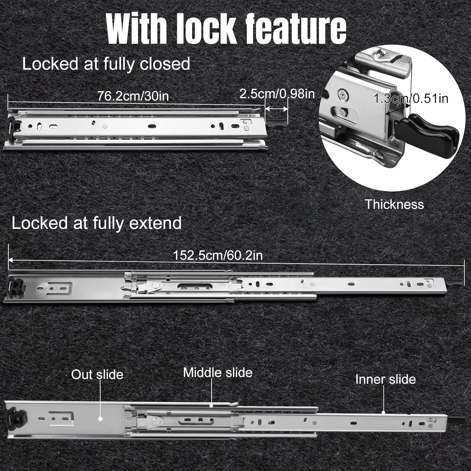 HLC Heavy Duty Locking Drawer Slides 30 Inch 1 Pair Full Extension Drawer Slides with Lock 250 lb Load Capacity 3-Fold Full Extension Side Mount Ball Bearing Industrial Locking Rail 30" Silver