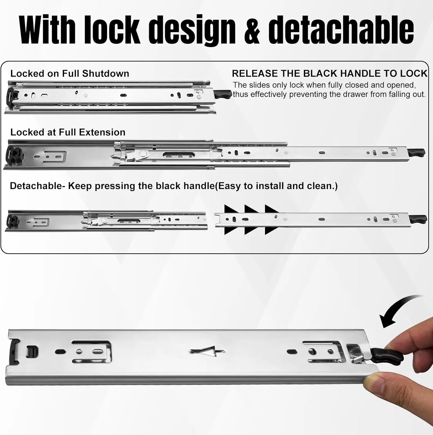 HLC Heavy Duty Locking Drawer Slides 30 Inch 1 Pair Full Extension Drawer Slides with Lock 250 lb Load Capacity 3-Fold Full Extension Side Mount Ball Bearing Industrial Locking Rail 30" Silver