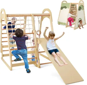 HONEY JOY Kids Indoor Playground, Jungle Gym Playset w/Climbing Rock Ramp, Slide, Rope Climber & Ladder, Monkey Bars, Rings, Removable Tent, Wooden Montessori Climbing Toys for Toddlers Boys Girls 1 