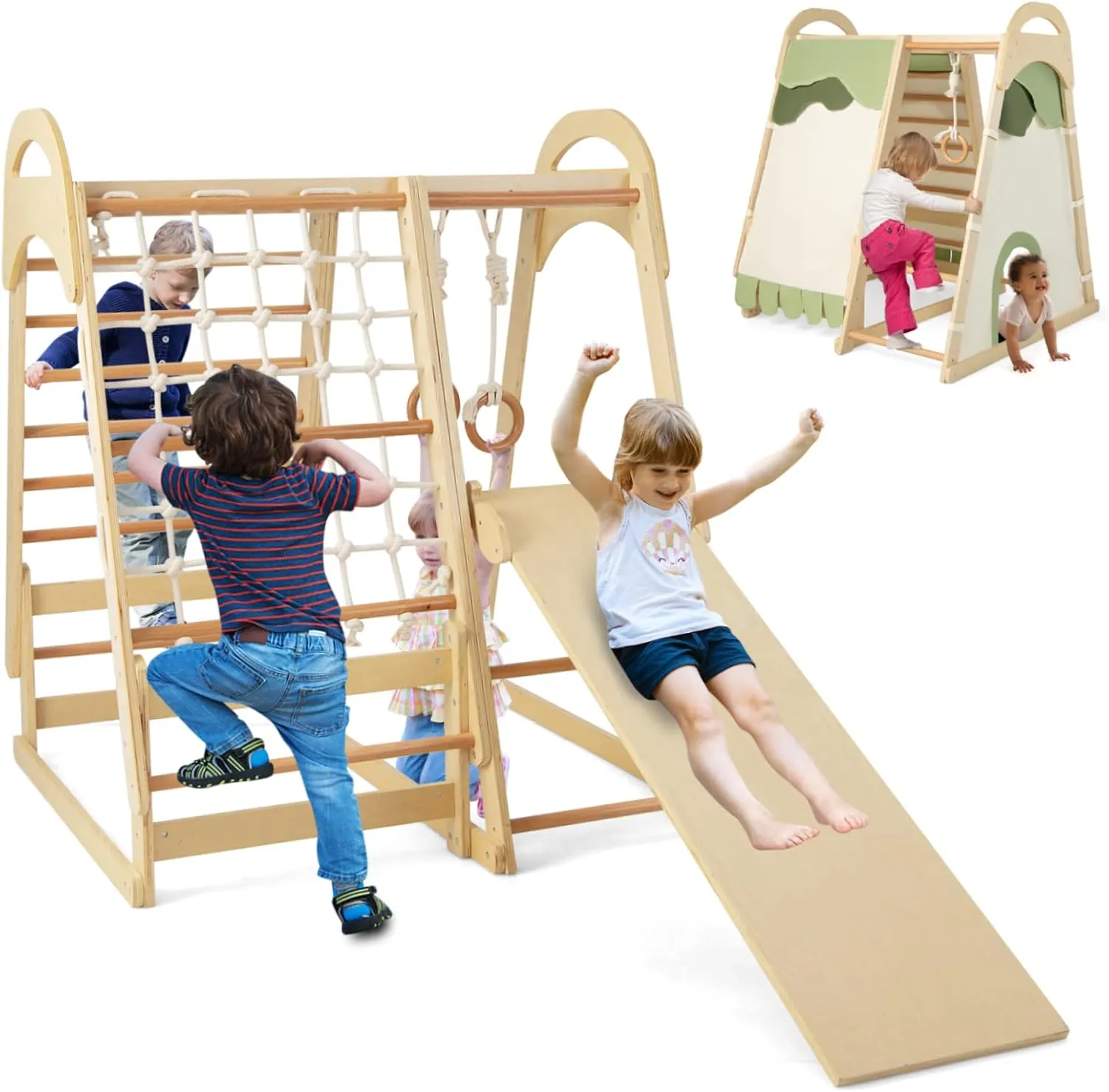 HONEY JOY Kids Indoor Playground, Jungle Gym Playset w/Climbing Rock Ramp, Slide, Rope Climber & Ladder, Monkey Bars, Rings, Removable Tent, Wooden Montessori Climbing Toys for Toddlers Boys Girls 1 