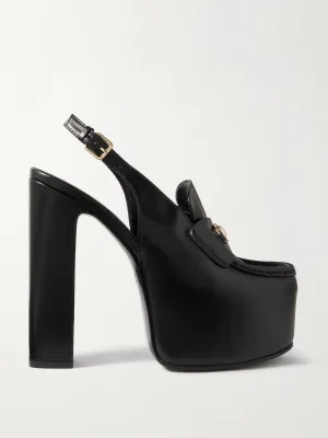 Horsebit-embellished leather slingback platform pumps