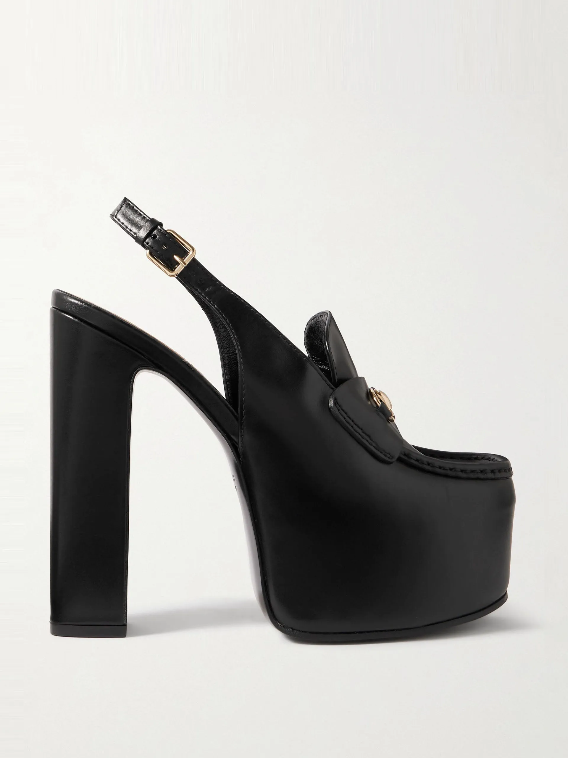 Horsebit-embellished leather slingback platform pumps
