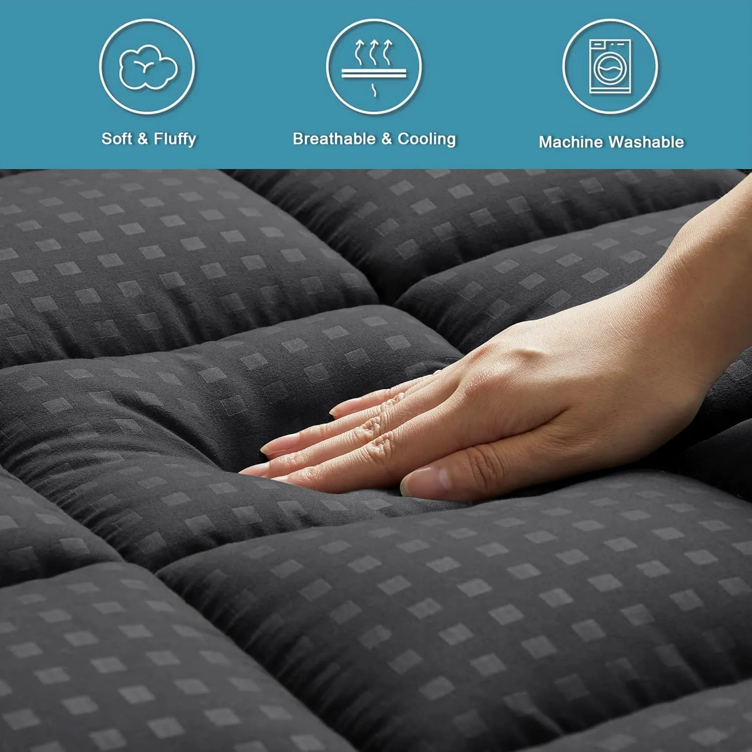 HYLEORY King Mattress Pad Quilted Fitted Mattress Protector Cooling Pillow Top Mattress Cover Breathable Fluffy Soft Mattress Topper with 8-21" Deep Pocket, Black