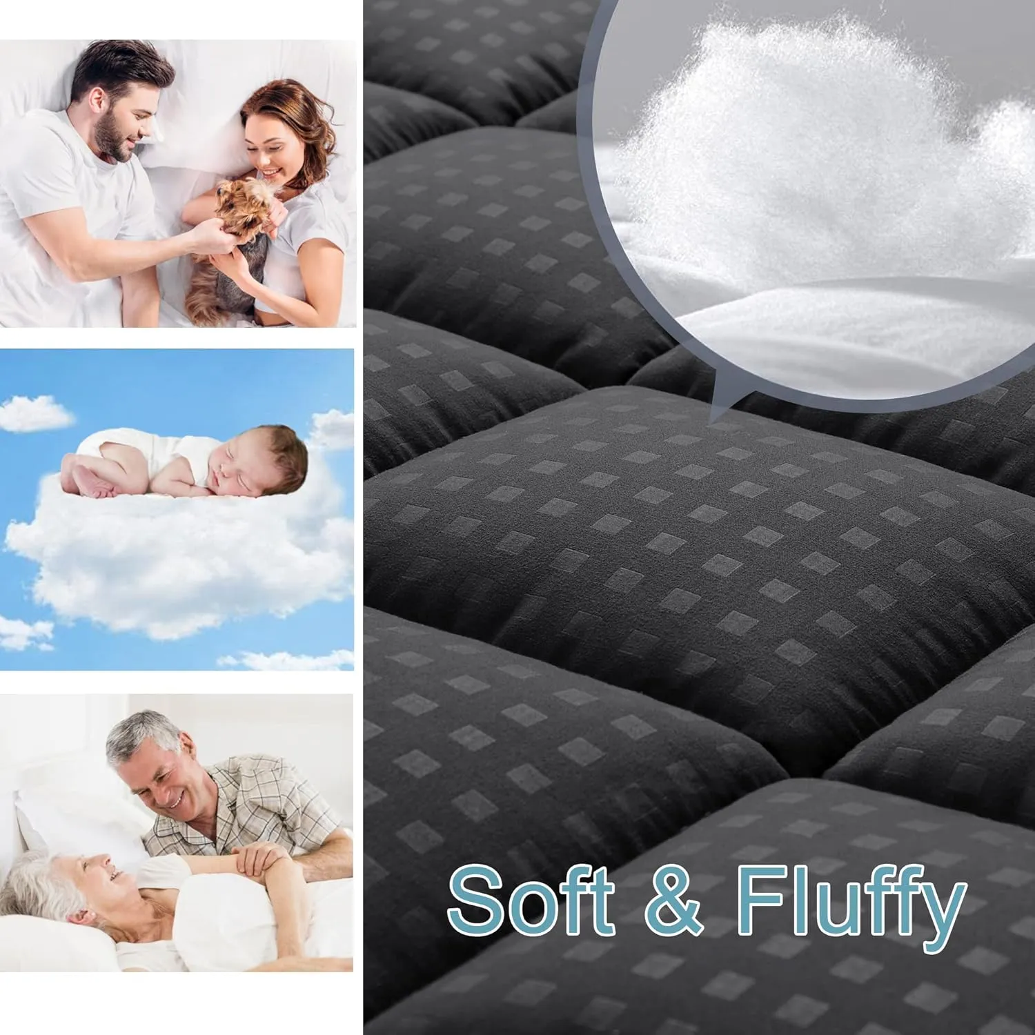 HYLEORY King Mattress Pad Quilted Fitted Mattress Protector Cooling Pillow Top Mattress Cover Breathable Fluffy Soft Mattress Topper with 8-21" Deep Pocket, Black