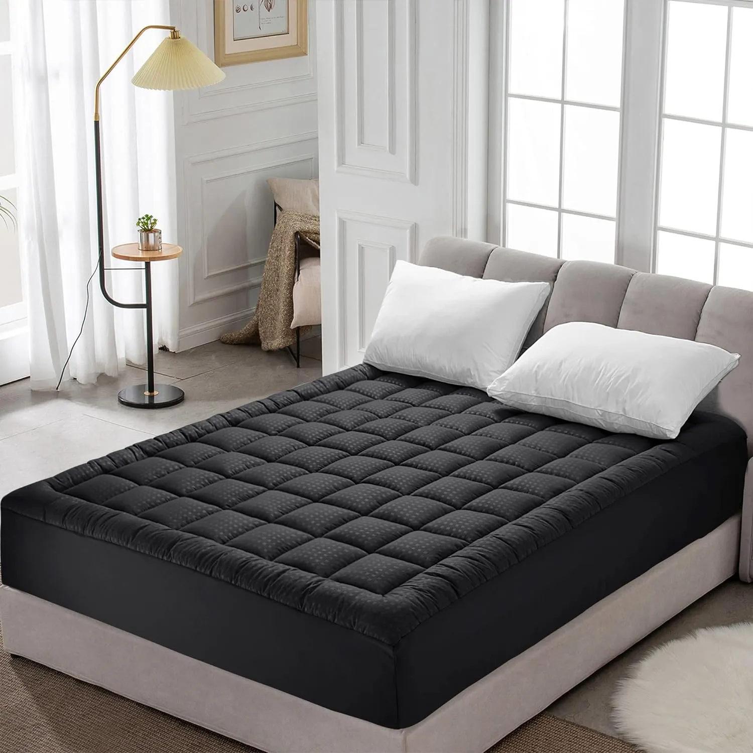 HYLEORY King Mattress Pad Quilted Fitted Mattress Protector Cooling Pillow Top Mattress Cover Breathable Fluffy Soft Mattress Topper with 8-21" Deep Pocket, Black