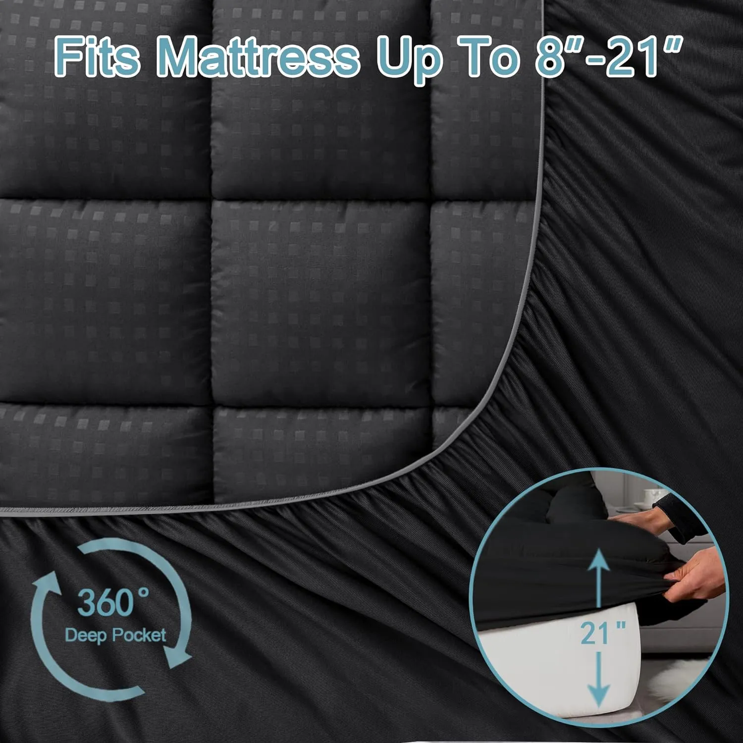 HYLEORY King Mattress Pad Quilted Fitted Mattress Protector Cooling Pillow Top Mattress Cover Breathable Fluffy Soft Mattress Topper with 8-21" Deep Pocket, Black