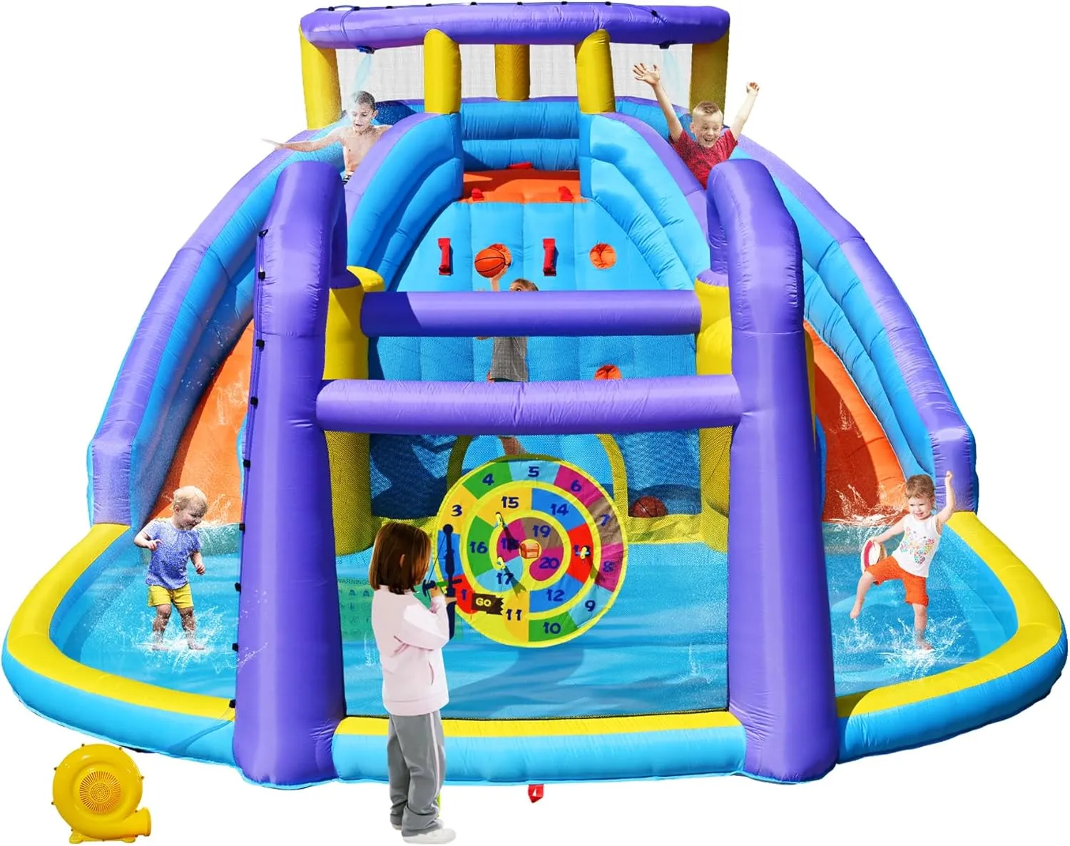 Inflatable Bounce House Water Slide Combo, Blow Up Water Slides for Backyard, Kids Jumper with Climbing Wall, Basketball Hoop, Splash Pool, Bulls Eye, 520W Blower, 165 x 174 x 90 Inches