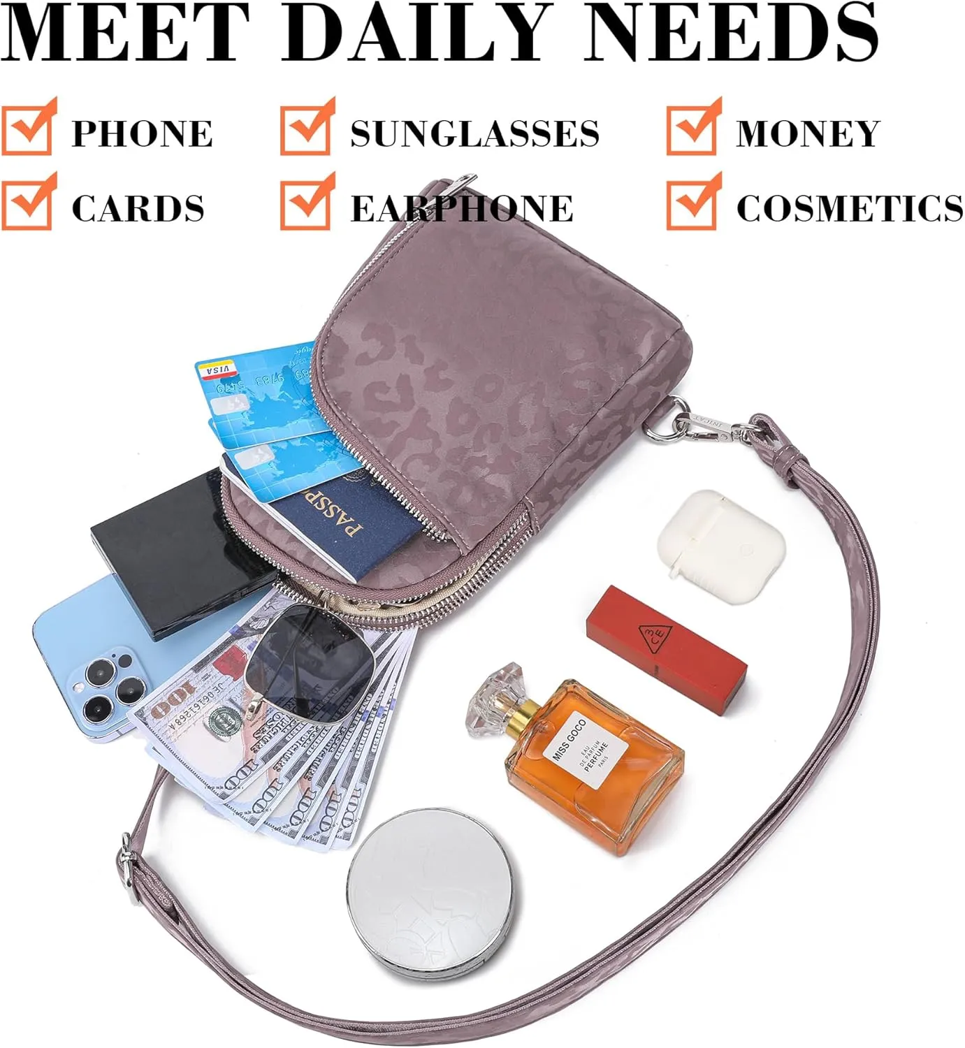 INICAT RFID Blocking Nylon Crossbody Bag for Women Small Sling Bag Travel Fanny Packs Belt Bag(Grey Leopard)