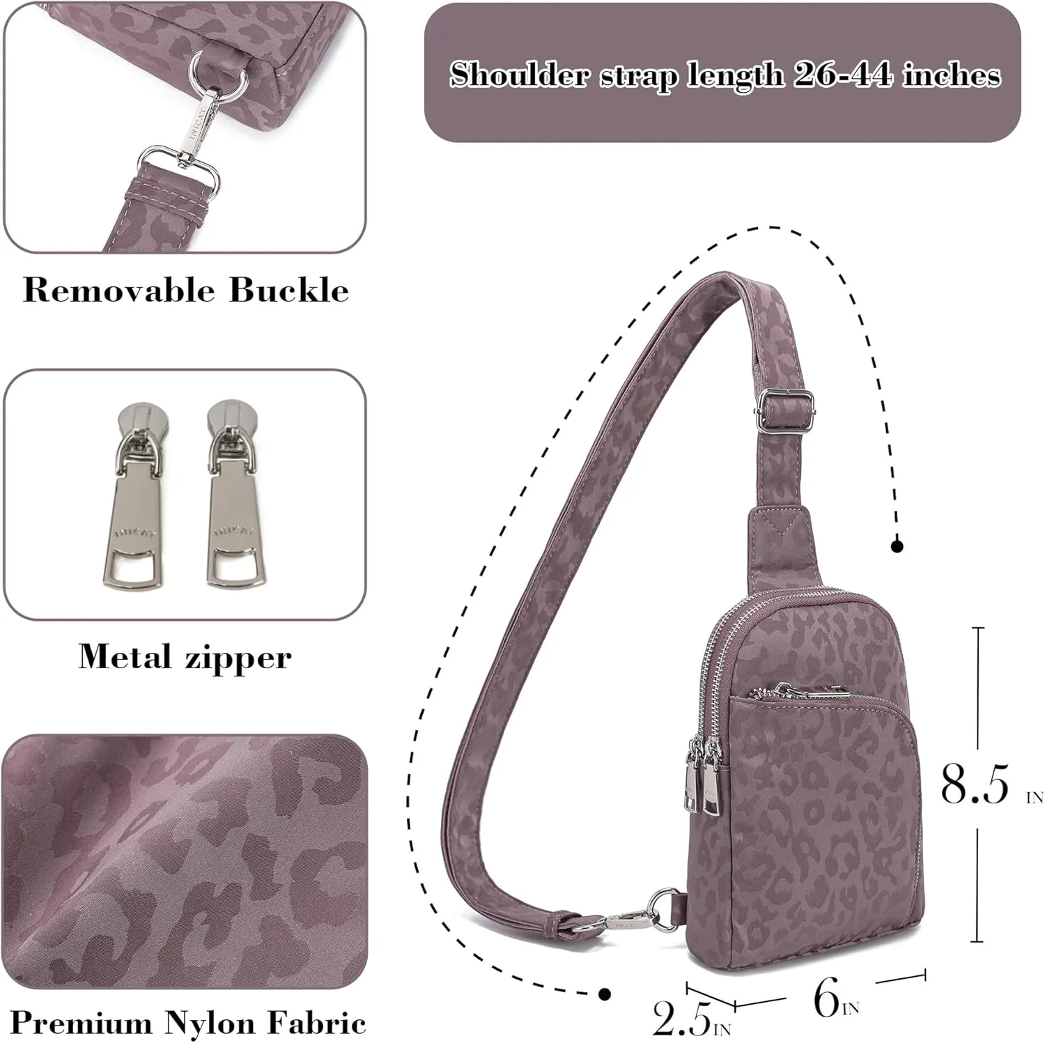 INICAT RFID Blocking Nylon Crossbody Bag for Women Small Sling Bag Travel Fanny Packs Belt Bag(Grey Leopard)