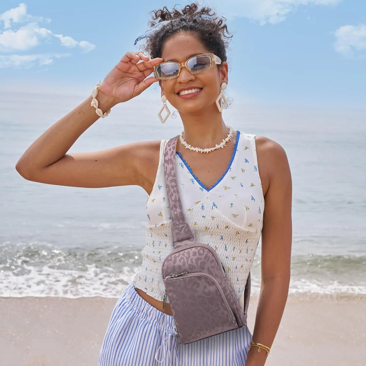 INICAT RFID Blocking Nylon Crossbody Bag for Women Small Sling Bag Travel Fanny Packs Belt Bag(Grey Leopard)