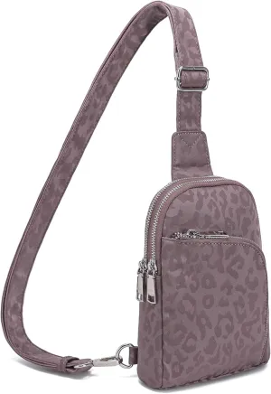 INICAT RFID Blocking Nylon Crossbody Bag for Women Small Sling Bag Travel Fanny Packs Belt Bag(Grey Leopard)
