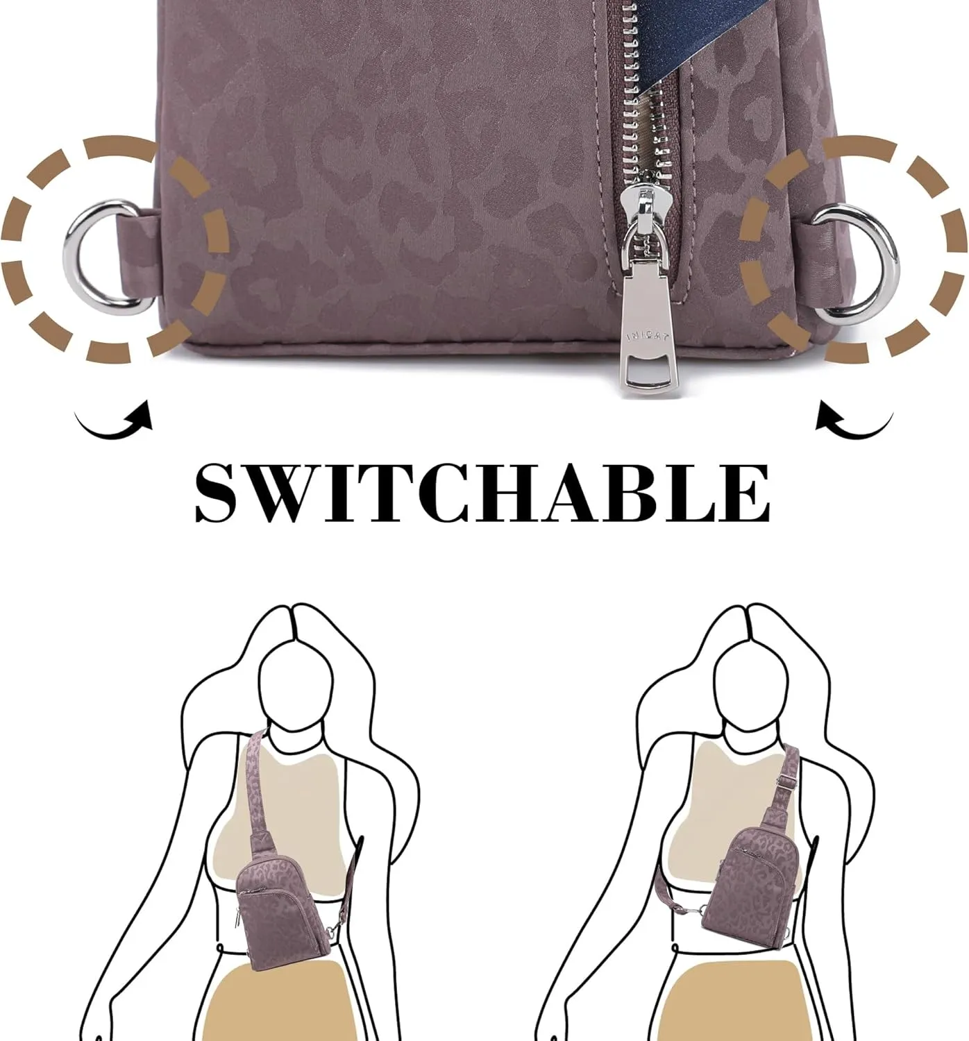 INICAT RFID Blocking Nylon Crossbody Bag for Women Small Sling Bag Travel Fanny Packs Belt Bag(Grey Leopard)