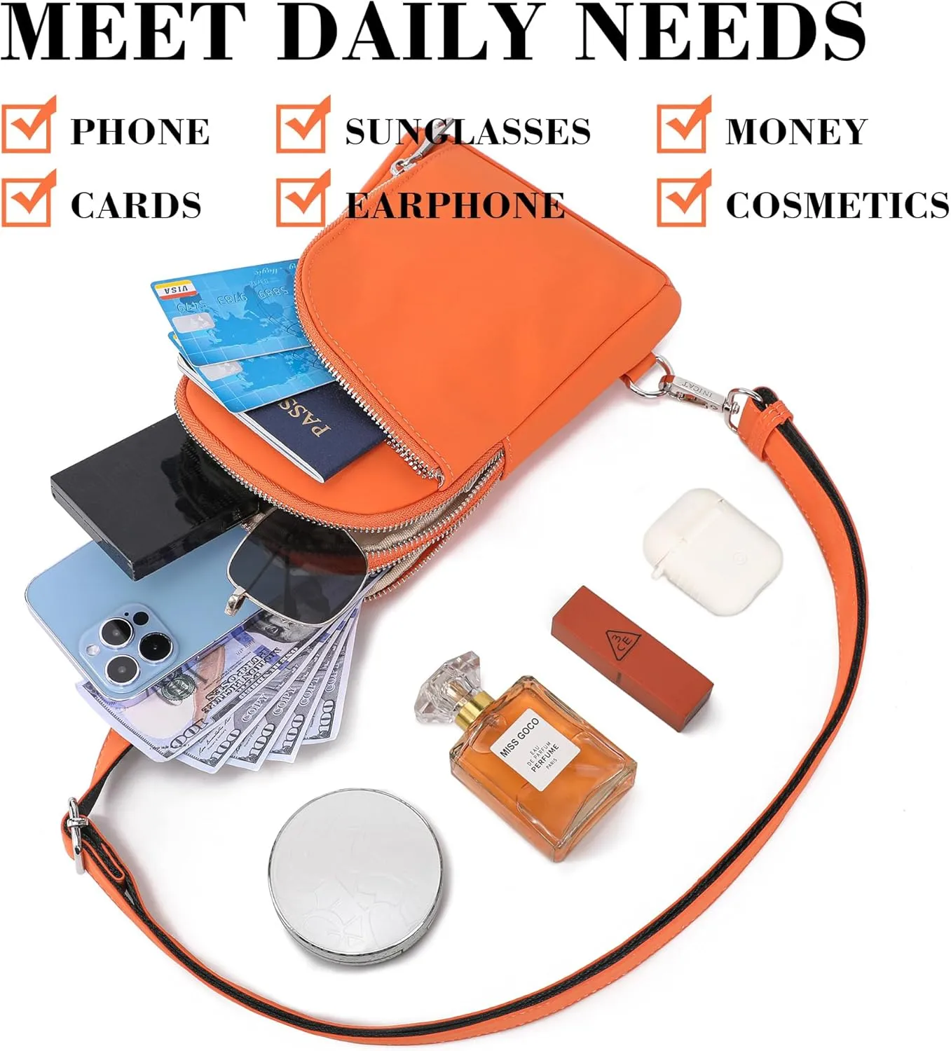 INICAT RFID Blocking Nylon Crossbody Bag for Women Small Sling Bag Travel Fanny Packs Belt Bag(Orange N)