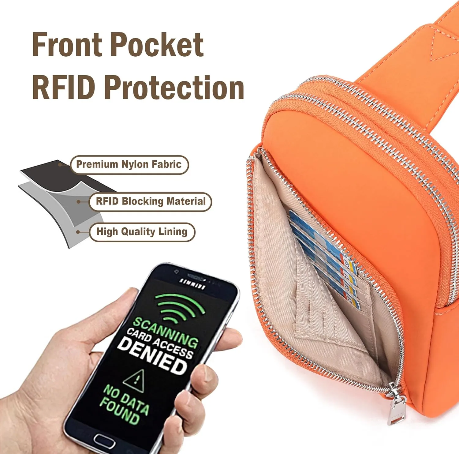 INICAT RFID Blocking Nylon Crossbody Bag for Women Small Sling Bag Travel Fanny Packs Belt Bag(Orange N)