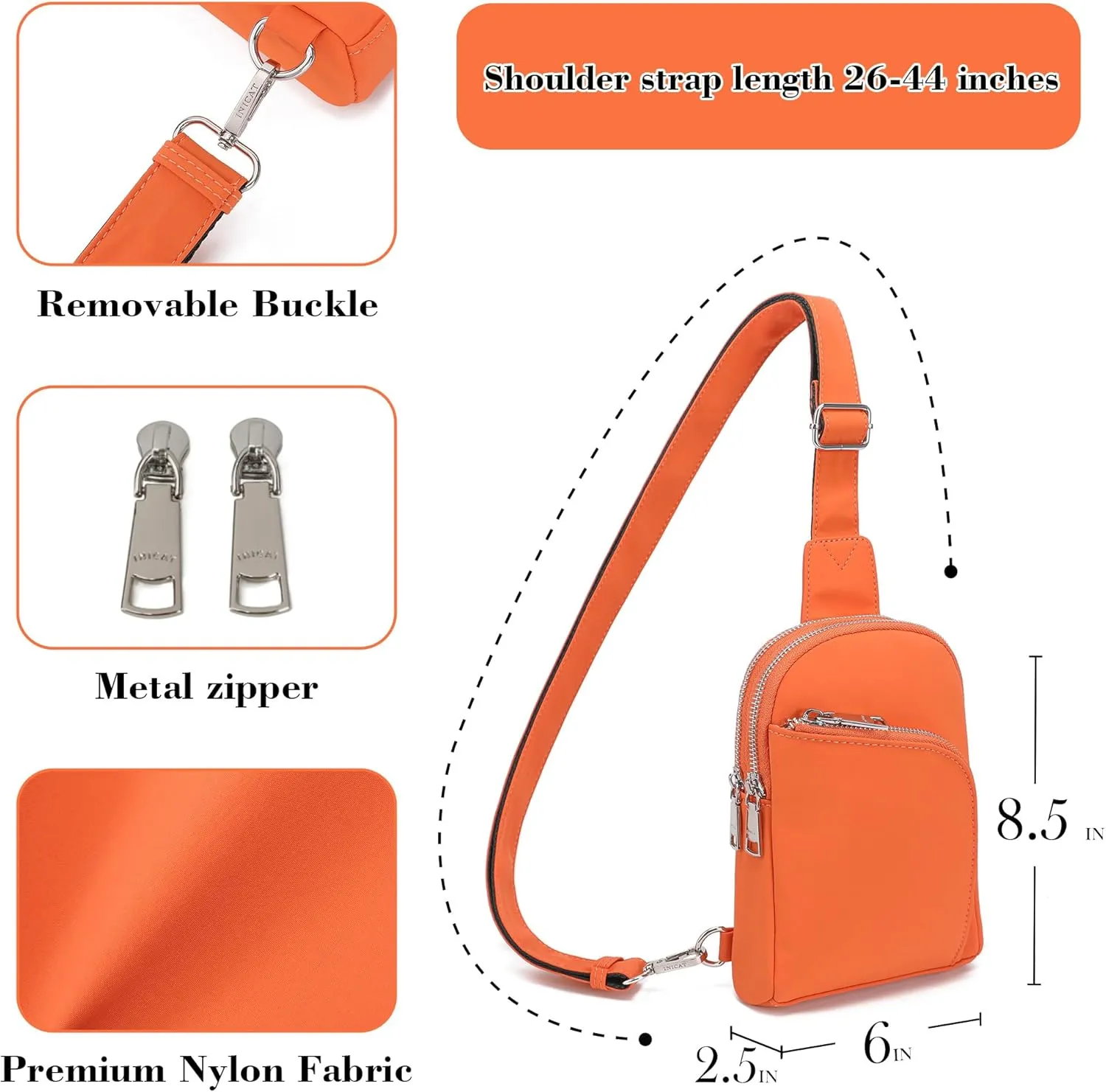 INICAT RFID Blocking Nylon Crossbody Bag for Women Small Sling Bag Travel Fanny Packs Belt Bag(Orange N)