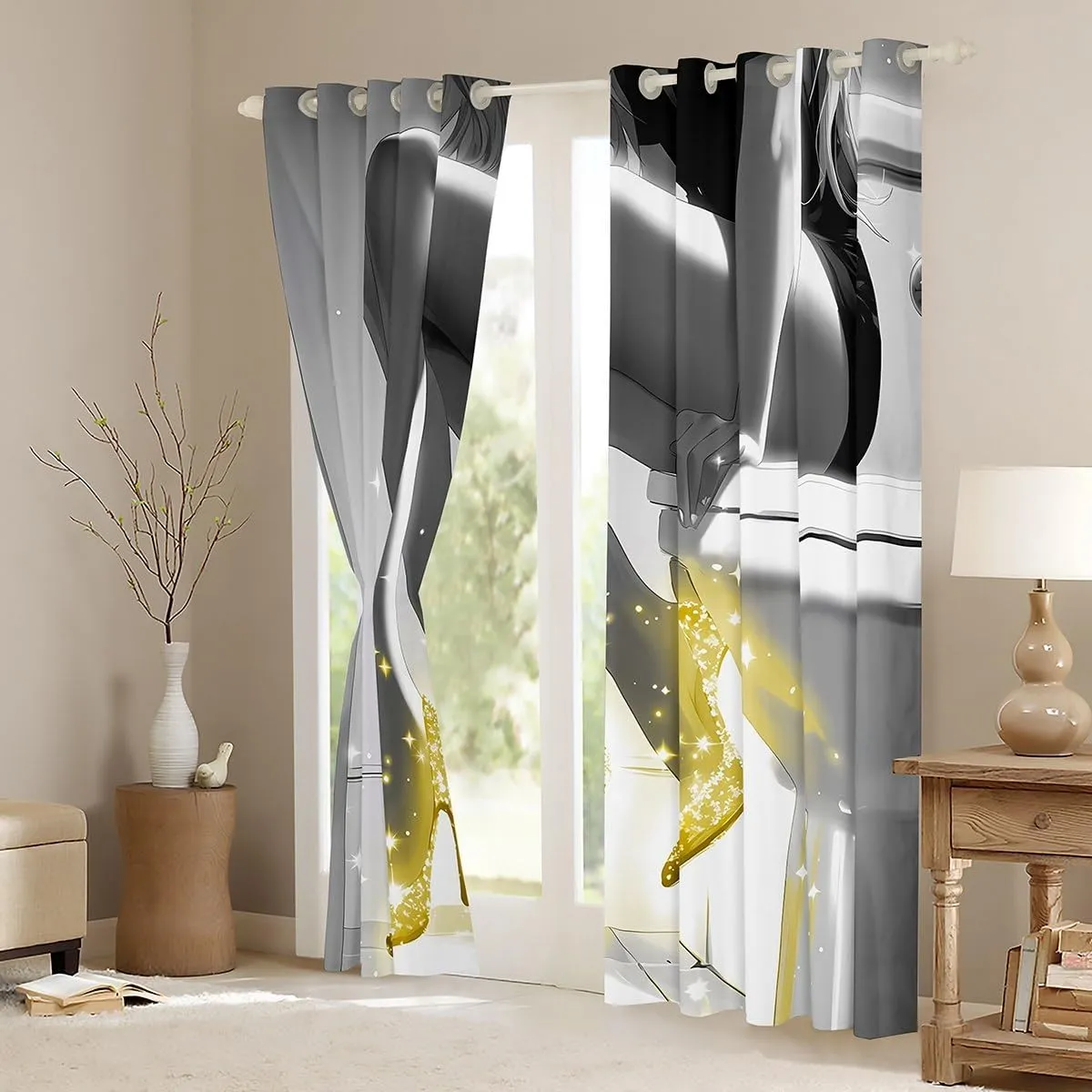 jejeloiu Grey Pearl White Curtain (2 Panels, 52 x 84 Inch) Kids Yellow Heels Darkening Drapes for Women Modern Art 30%-50% Blackout Shades Soft Lightweight Geometry Room Decor Window Treatments