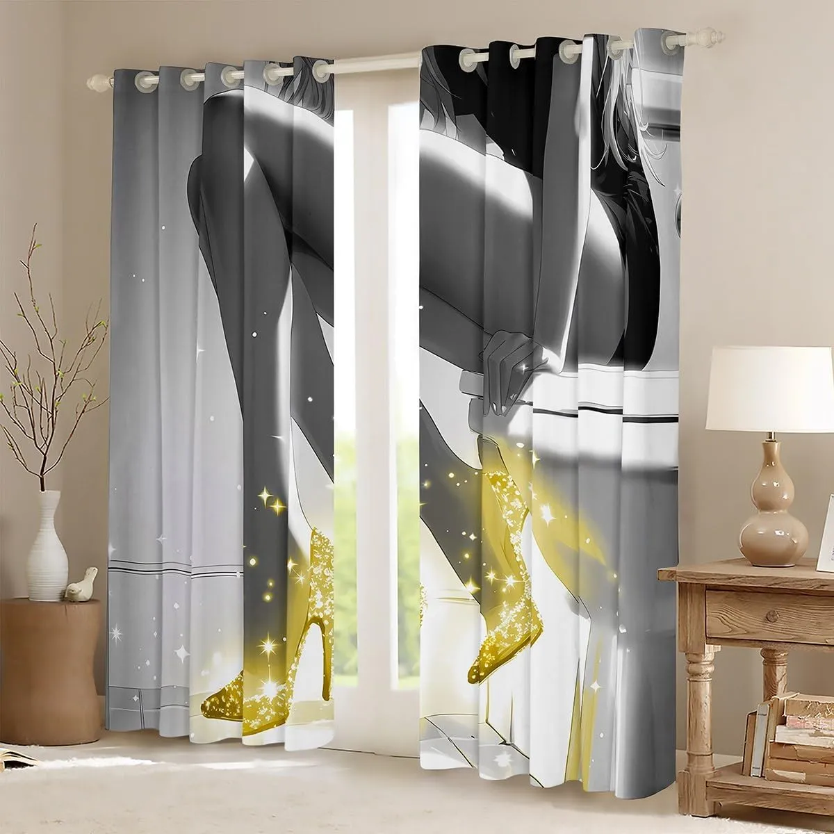 jejeloiu Grey Pearl White Curtain (2 Panels, 52 x 84 Inch) Kids Yellow Heels Darkening Drapes for Women Modern Art 30%-50% Blackout Shades Soft Lightweight Geometry Room Decor Window Treatments