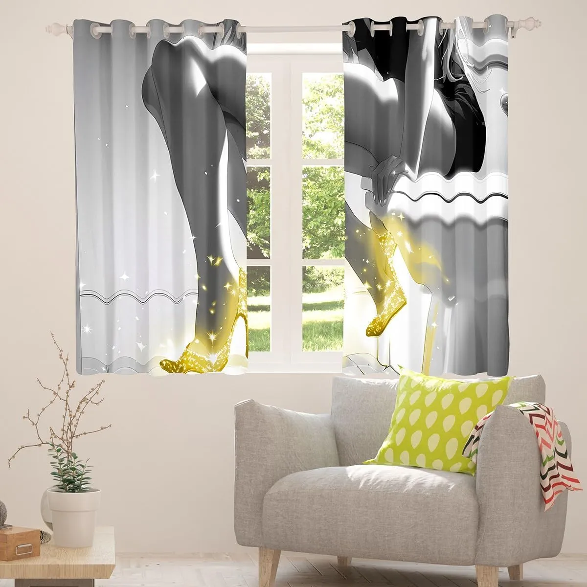 jejeloiu Grey Pearl White Curtain (2 Panels, 52 x 84 Inch) Kids Yellow Heels Darkening Drapes for Women Modern Art 30%-50% Blackout Shades Soft Lightweight Geometry Room Decor Window Treatments