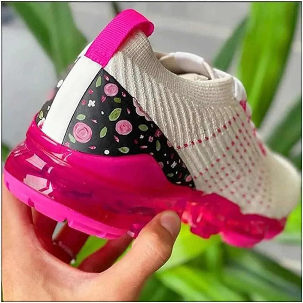 JITUUE Women’S Air Cushion Fashion Sneakers Flying Woven Breathable Slip On Mesh Lightweight Lace-Up Walking Shoes for Gym Travel Work