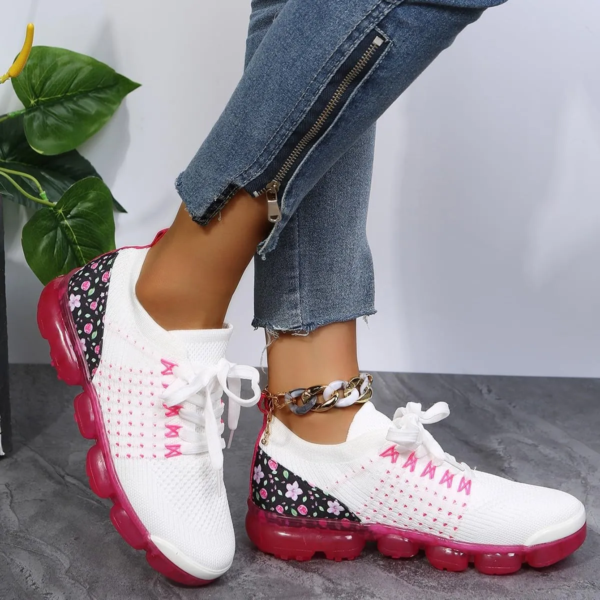 JITUUE Women’S Air Cushion Fashion Sneakers Flying Woven Breathable Slip On Mesh Lightweight Lace-Up Walking Shoes for Gym Travel Work
