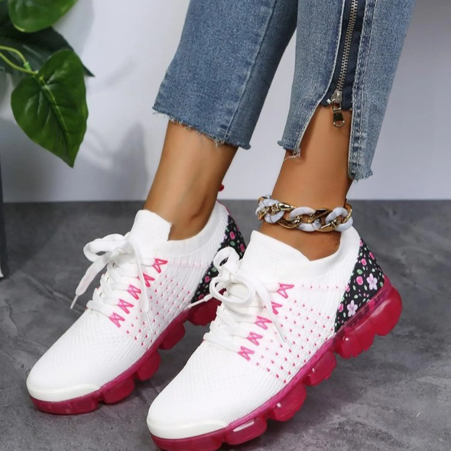 JITUUE Women’S Air Cushion Fashion Sneakers Flying Woven Breathable Slip On Mesh Lightweight Lace-Up Walking Shoes for Gym Travel Work