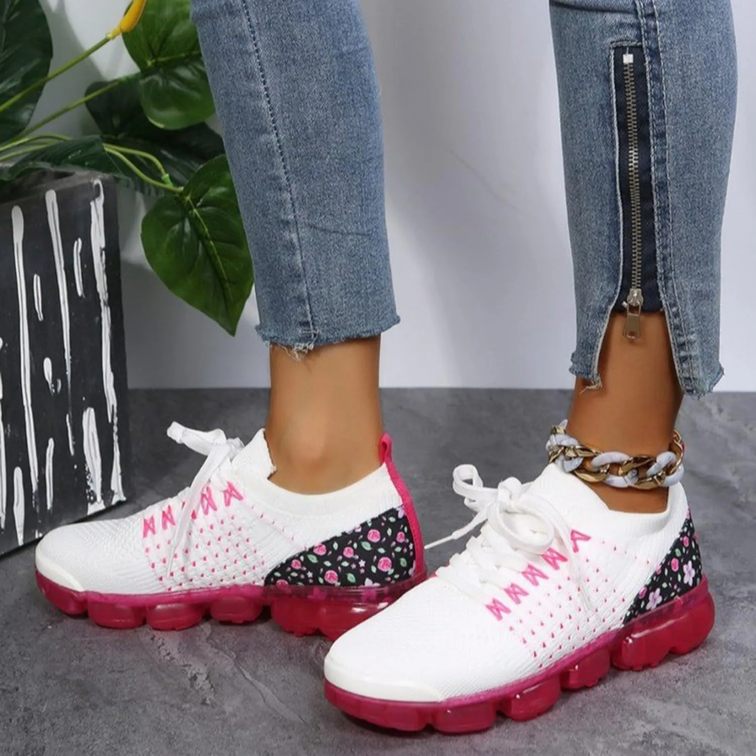 JITUUE Women’S Air Cushion Fashion Sneakers Flying Woven Breathable Slip On Mesh Lightweight Lace-Up Walking Shoes for Gym Travel Work