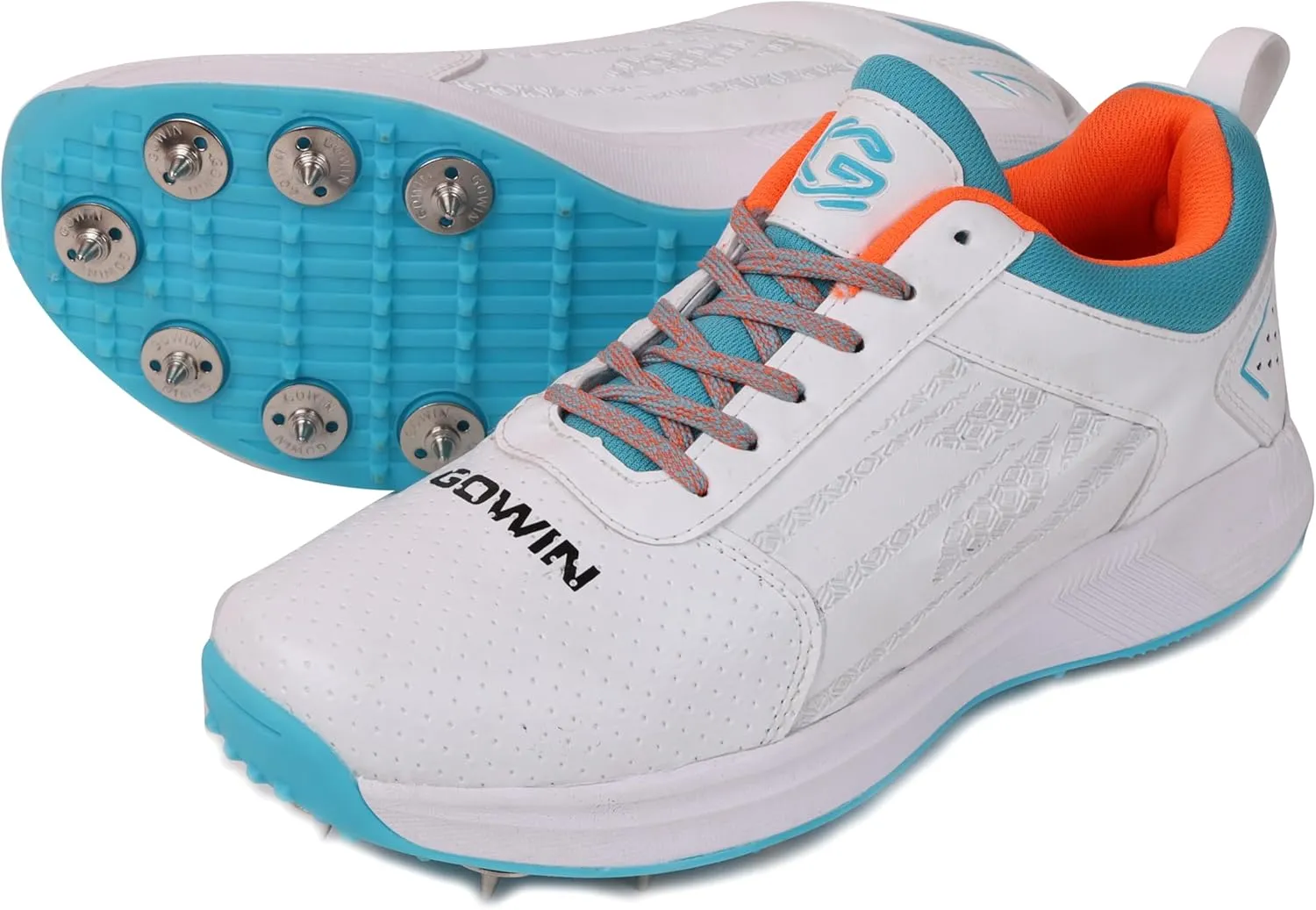KD Willmax Metal Spike Lightweight Cricket Shoe, White/Blue