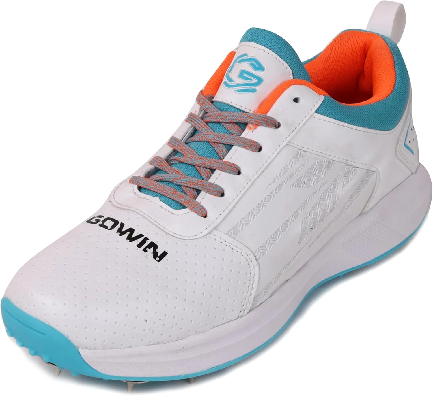 KD Willmax Metal Spike Lightweight Cricket Shoe, White/Blue