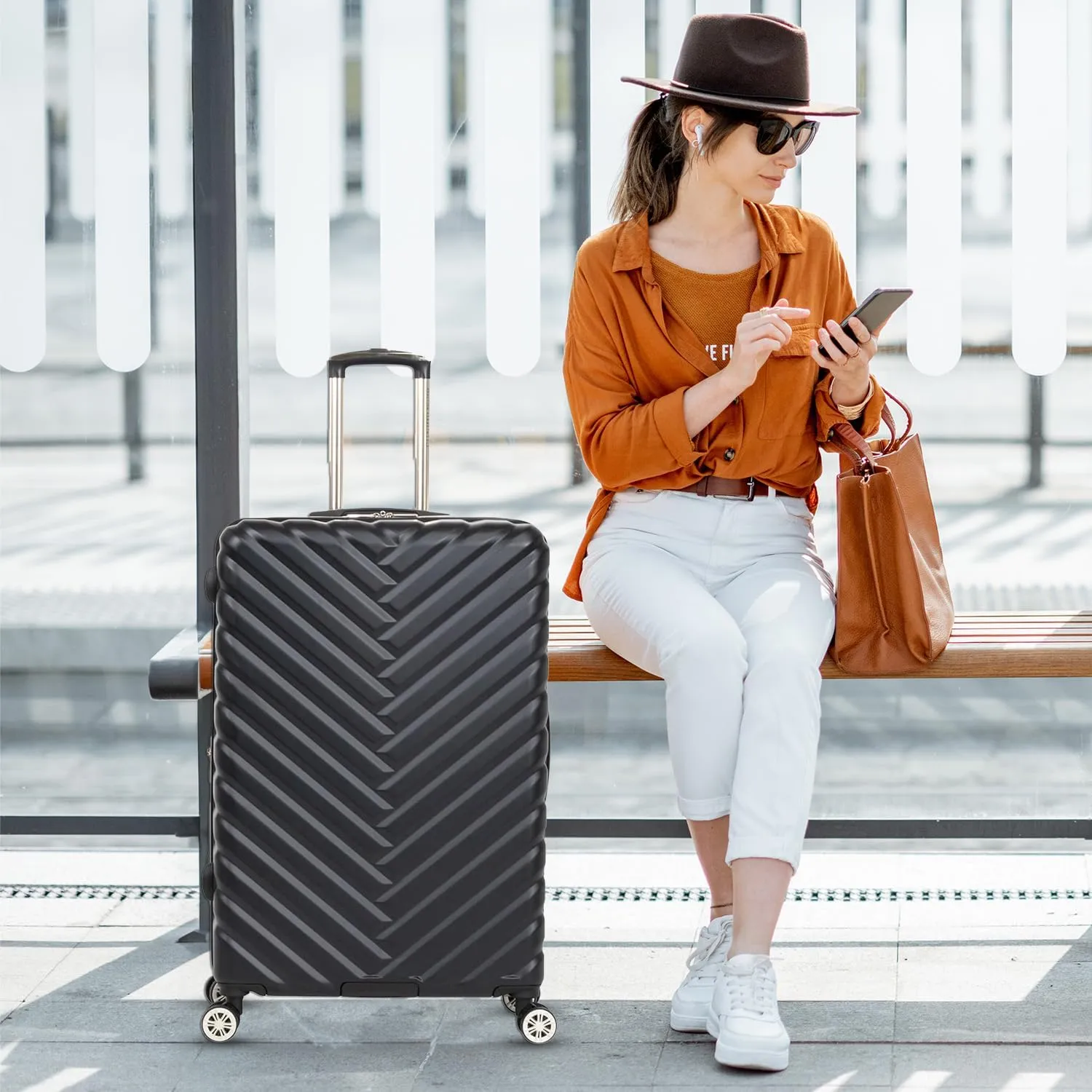 Kenneth Cole REACTION Madison Square Lightweight Hardside Chevron Expandable Spinner Luggage, Black, (28-Inch Checked)