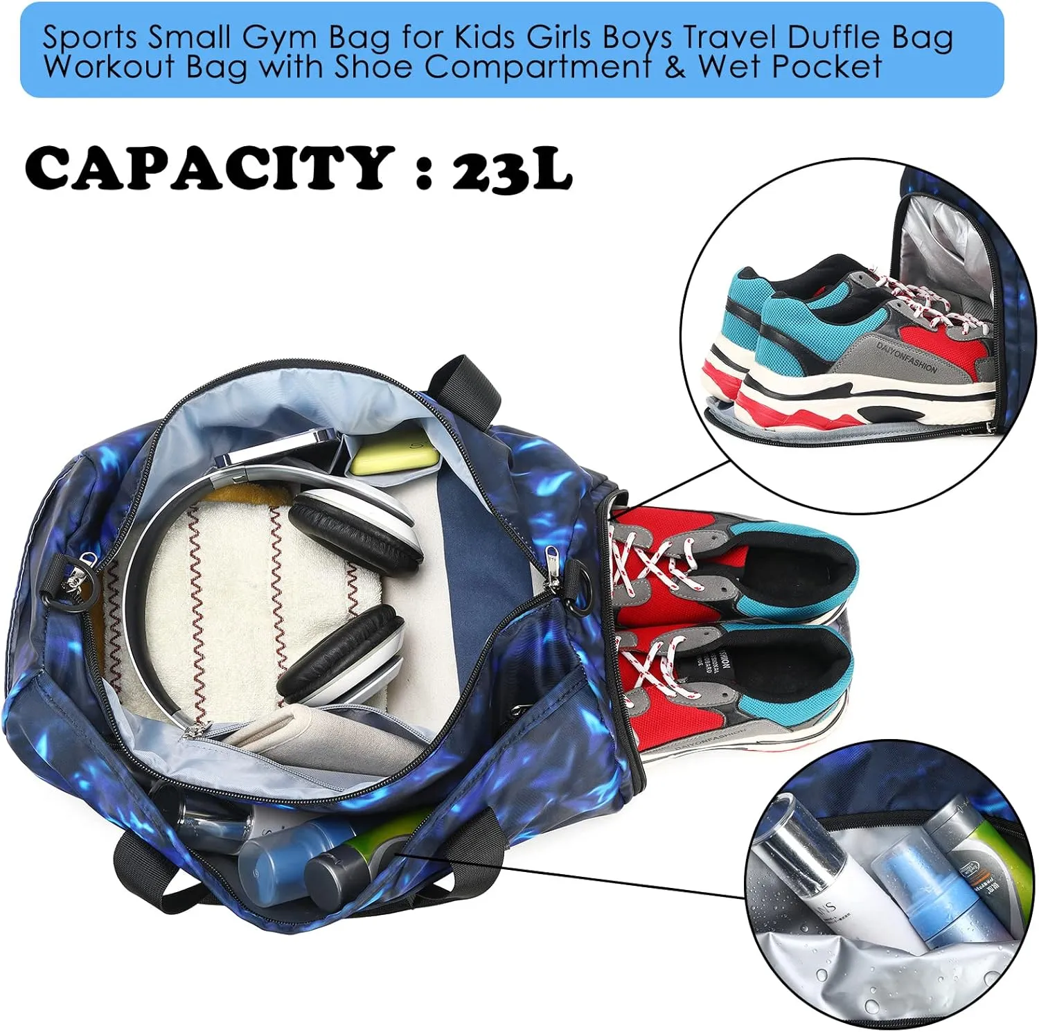 Kids Duffle Bag Boys Girls Overnighter Travel Sport Gym Bag Weekender Carry On Shoulder Bag with Shoe Compartment & Wet Pocket (Football Black Blue)