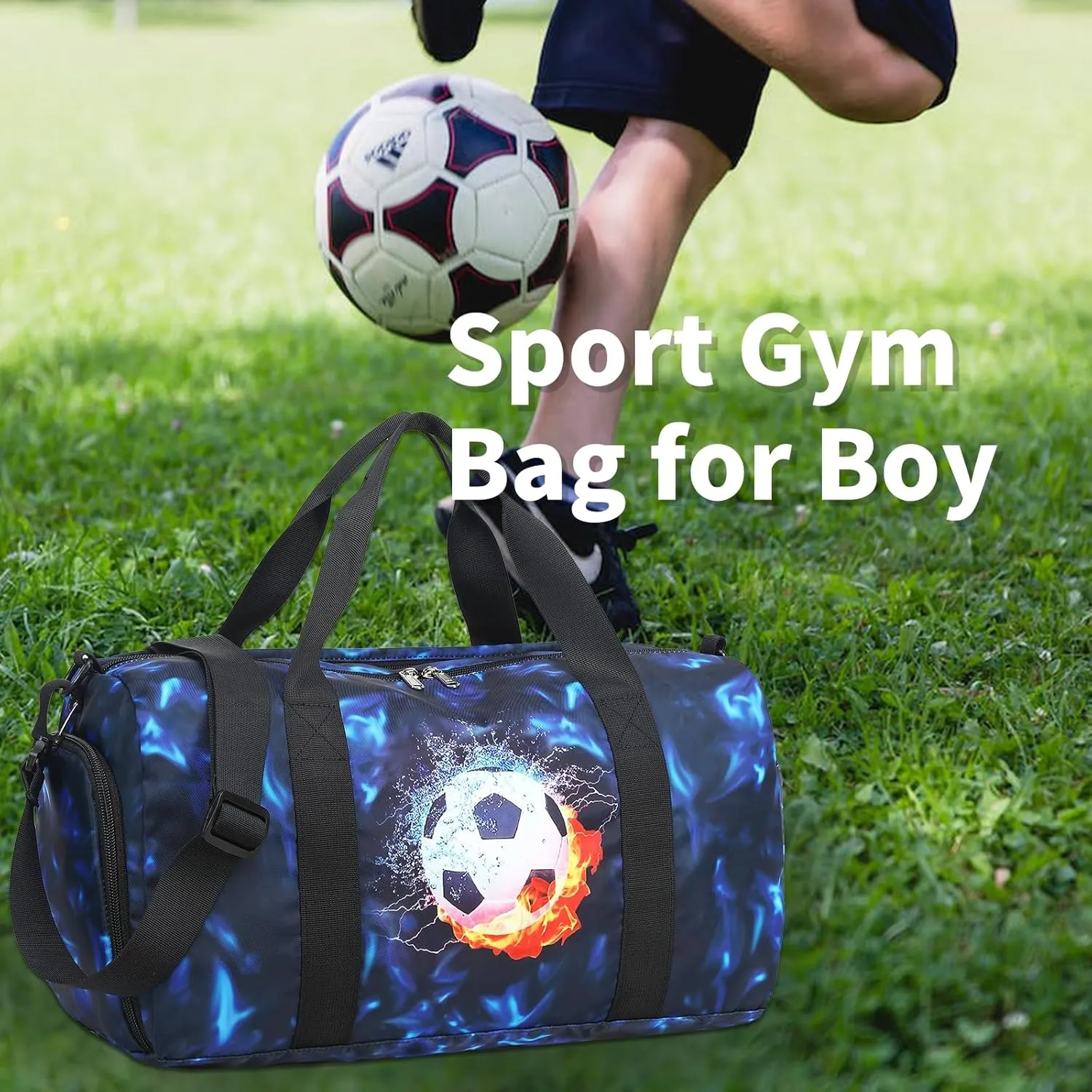 Kids Duffle Bag Boys Girls Overnighter Travel Sport Gym Bag Weekender Carry On Shoulder Bag with Shoe Compartment & Wet Pocket (Football Black Blue)