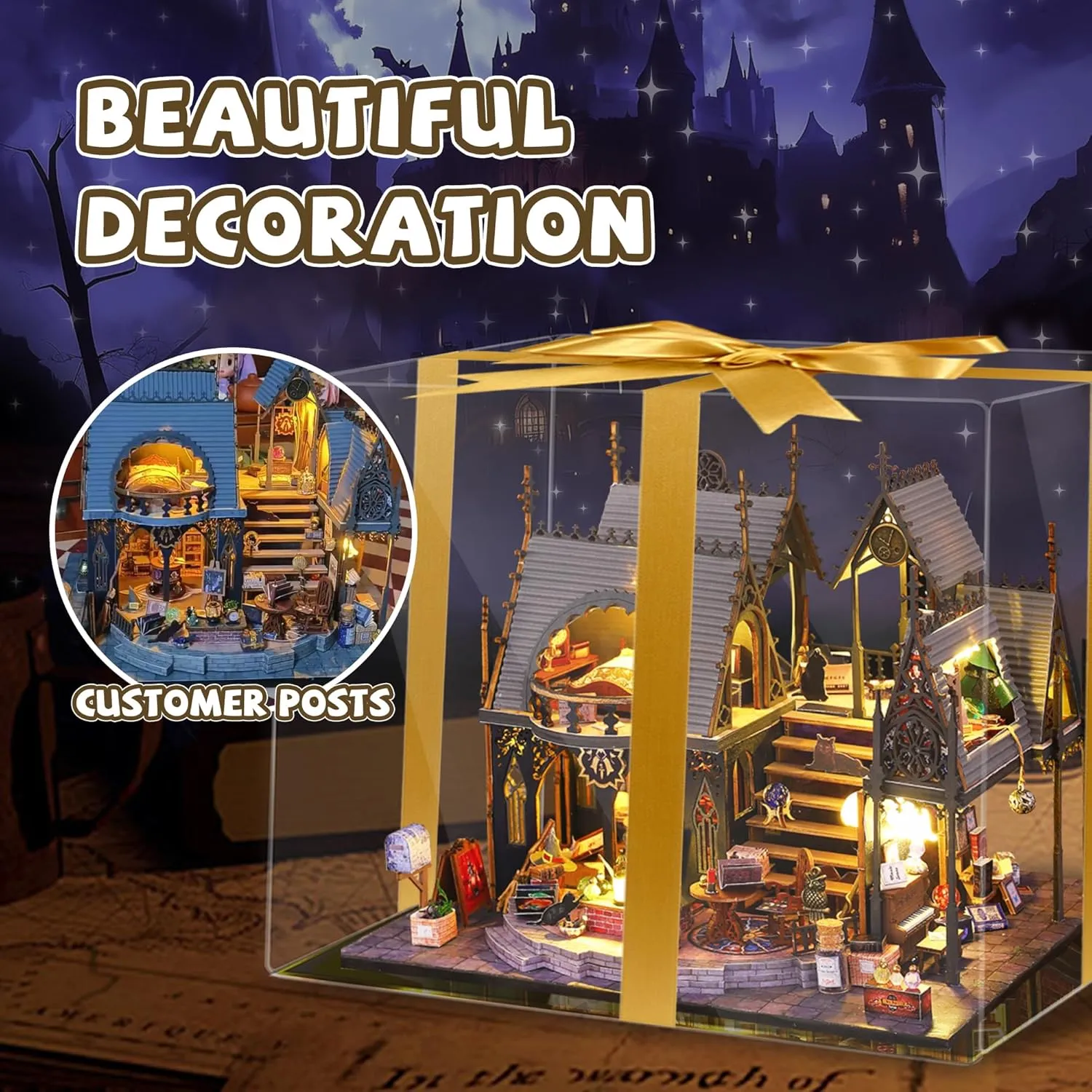 Kisoy Dollhouse Miniature Kit, DIY Wooden Mini House Building Kits, 1:36 Scale Miniature Dollhouse Furniture and Accessories for Teens & Adults (Luna Magic House)