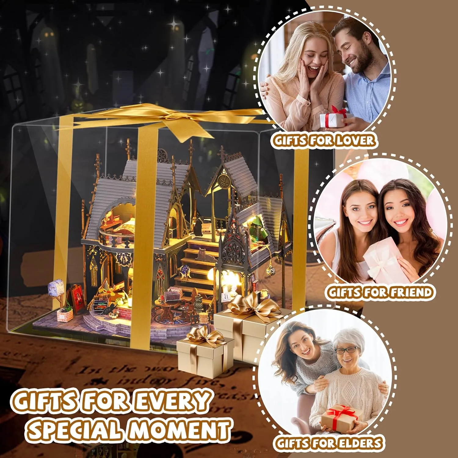 Kisoy Dollhouse Miniature Kit, DIY Wooden Mini House Building Kits, 1:36 Scale Miniature Dollhouse Furniture and Accessories for Teens & Adults (Luna Magic House)