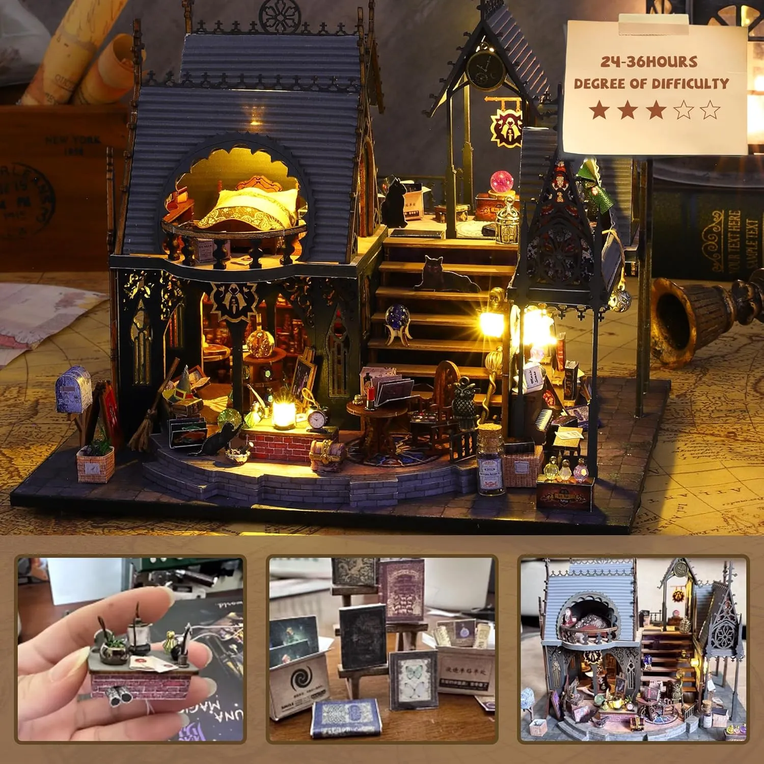 Kisoy Dollhouse Miniature Kit, DIY Wooden Mini House Building Kits, 1:36 Scale Miniature Dollhouse Furniture and Accessories for Teens & Adults (Luna Magic House)